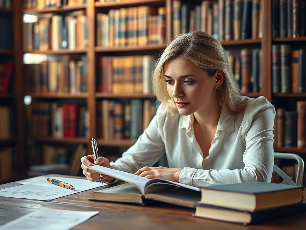 Kobieta siedząca przy biurku z notatnikiem i długopisem, skupiona na pisaniu w otoczeniu bibliotecznych regałów.