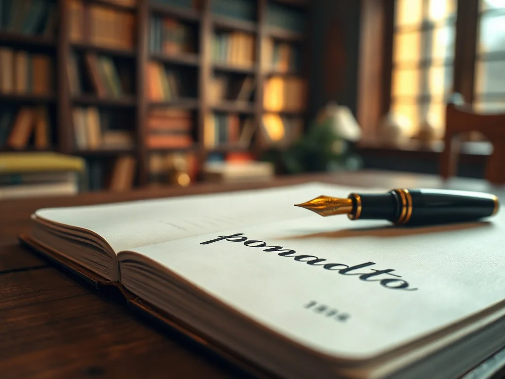 Eleganckie pióro wieczne na otwartym notatniku z odręcznie zapisanym słowem „ponadto” w przytulnym wnętrzu biblioteki.