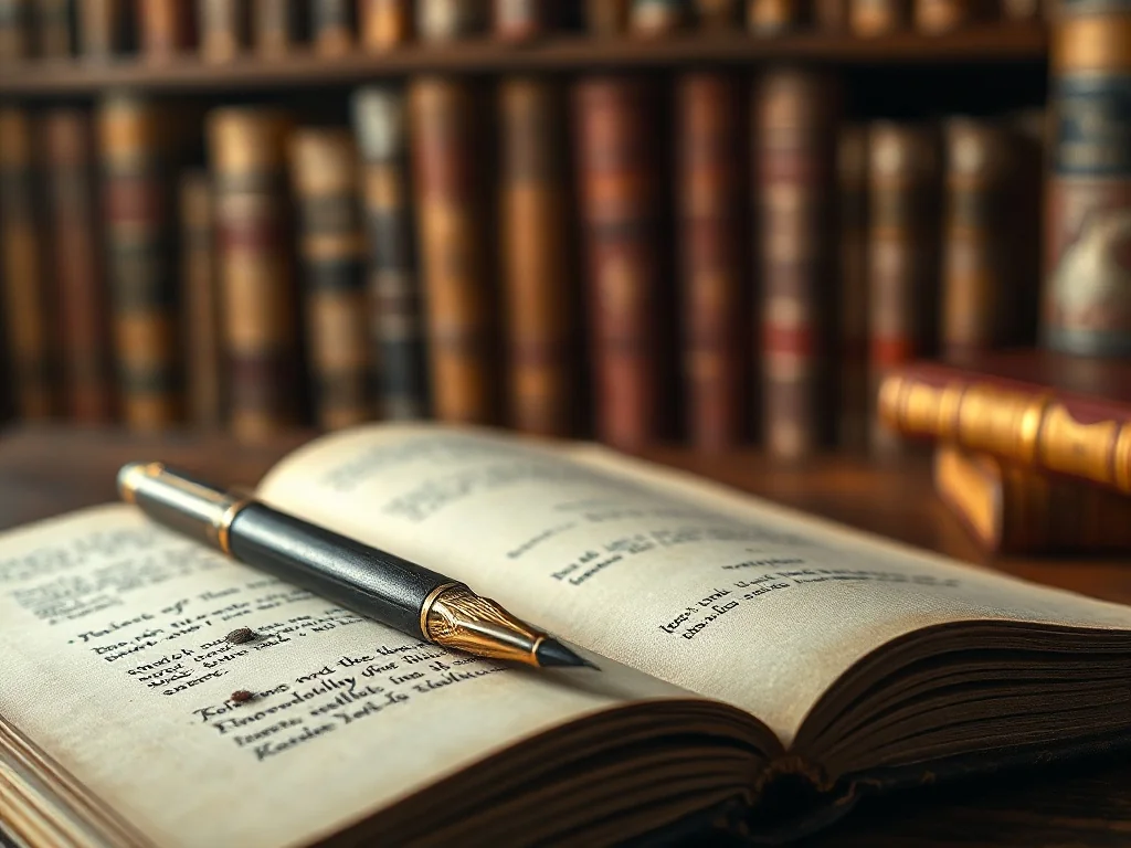 Zabytkowe pióro i otwarty notatnik na tle biblioteki, nawiązujące do tematyki poprawnej pisowni i literatury.