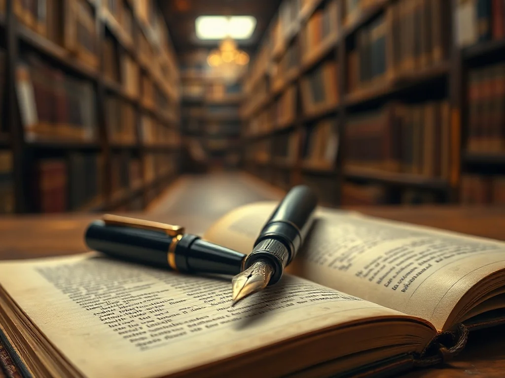 Eleganckie pióro wieczne na otwartym notatniku w bibliotece, podkreślające estetykę pisania i dbałość o język.