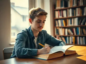 Kobieta siedząca przy biurku z notatnikiem i długopisem, skupiona na pisaniu w otoczeniu bibliotecznych regałów.