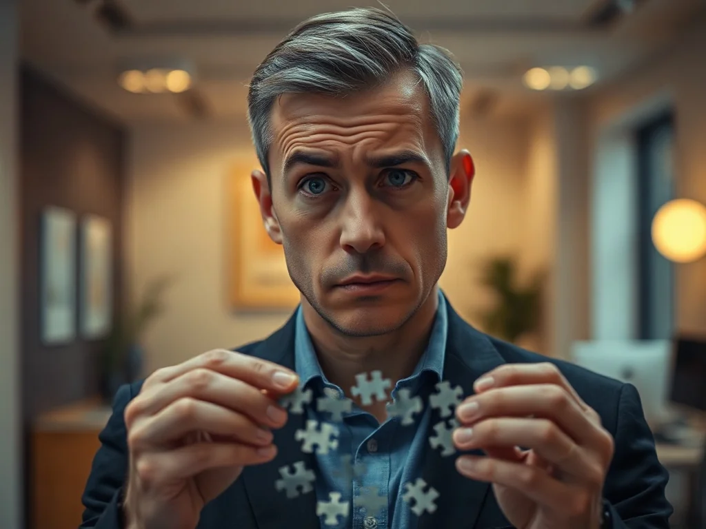 Mężczyzna z wyrazem zamyślenia i zakłopotania układa skomplikowane puzzle w nowoczesnym biurze.
