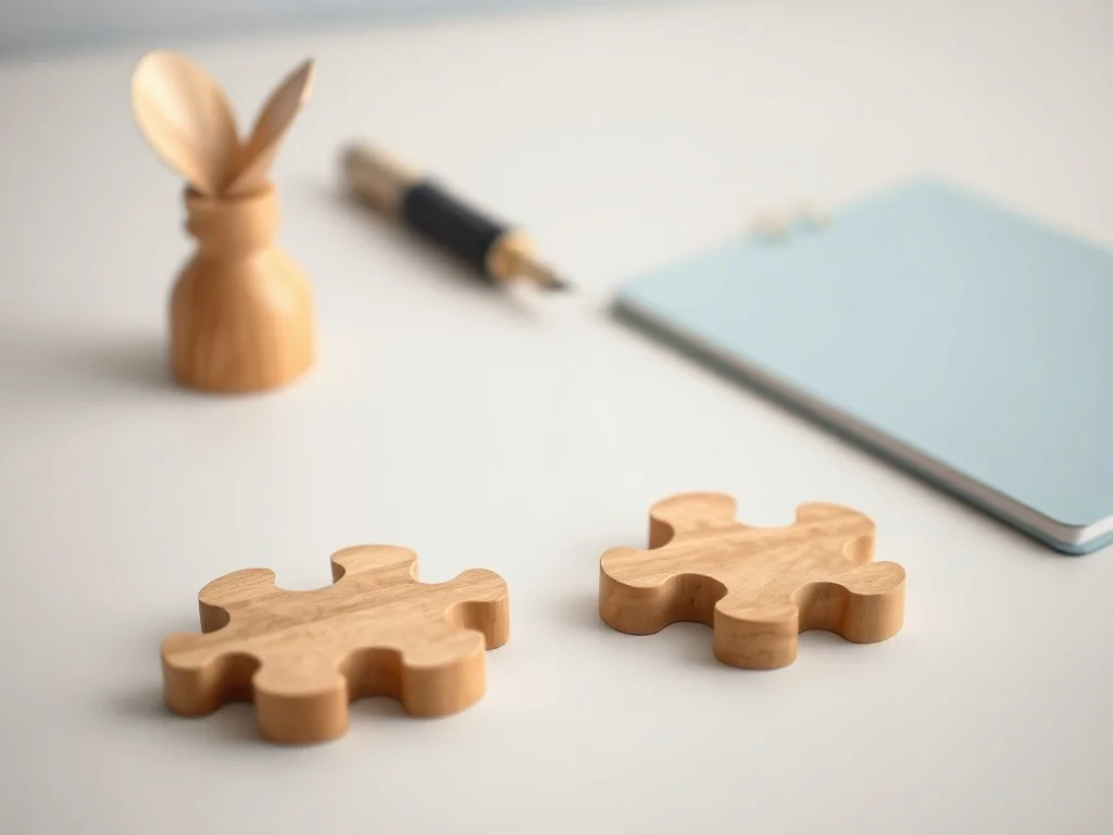 Dwa drewniane elementy puzzli leżące obok siebie na biurku, symbolizujące dylemat pisowni łącznej lub rozdzielnej.