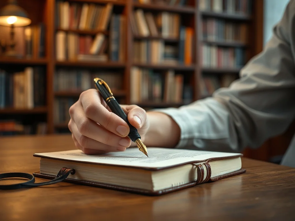 Osoba pisząca piórem w eleganckim notatniku na tle biblioteki, ilustrująca proces poprawnego tworzenia tekstów.